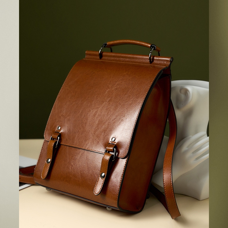 Brown Leather Flap Vintage School Backpacks Mini Backpack