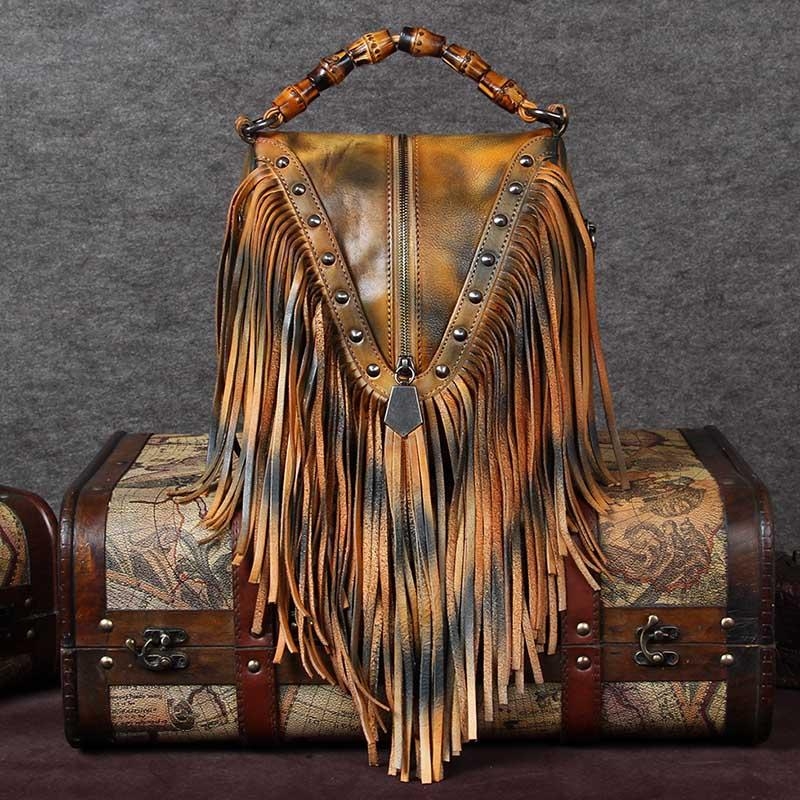 Brown Leather Fringe Bag Shoulder Vintage Handbags with Bamboo Handle
