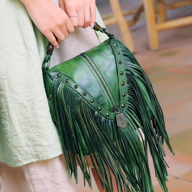 Coffee Leather Fringe Bag Bamboo Handle Shoulder Vintage Handbags