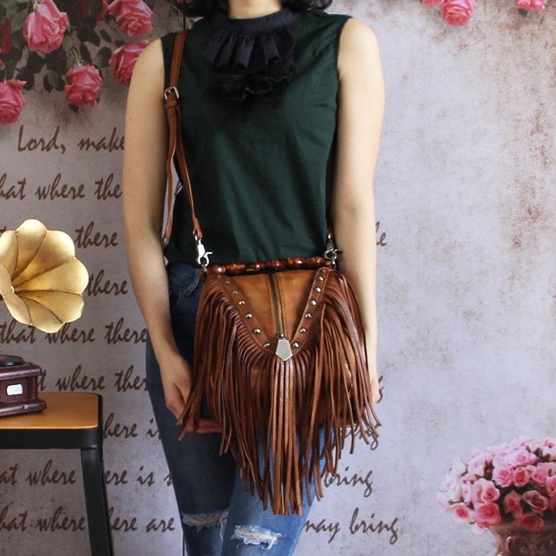 Brown Leather Fringe Bag Shoulder Vintage Handbags with Bamboo Handle