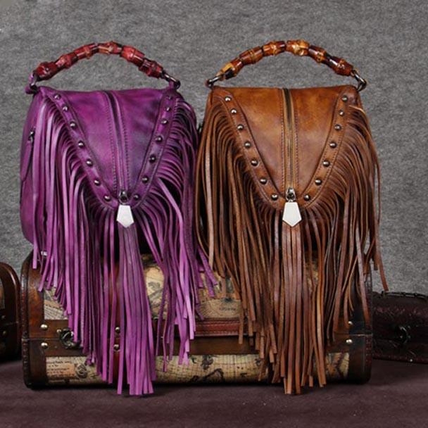 Purple Leather Fringe Bag Shoulder Vintage Handbags with Bamboo Handle