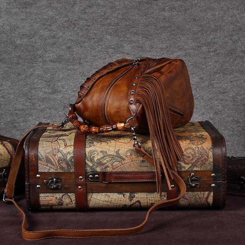 Navy Leather Fringe Bag Shoulder Vintage Handbags with Bamboo Handle