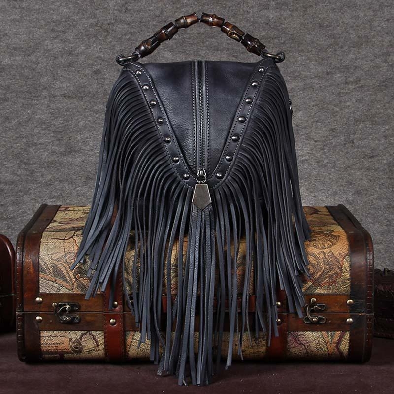 Navy Leather Fringe Bag Shoulder Vintage Handbags with Bamboo Handle