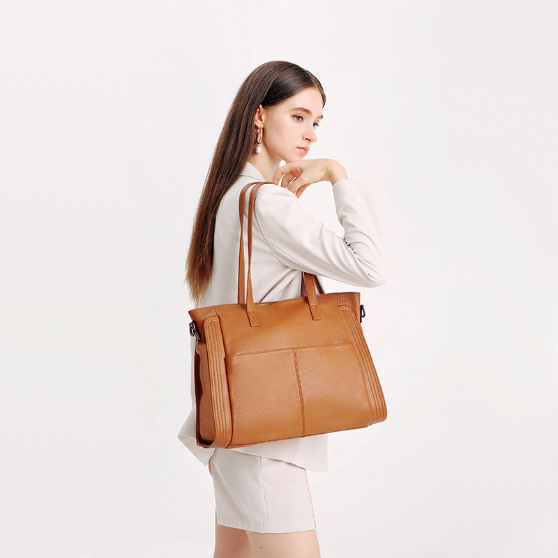 Brown Leather Pocket Zipper Tote Bags Big Shoulder Bags