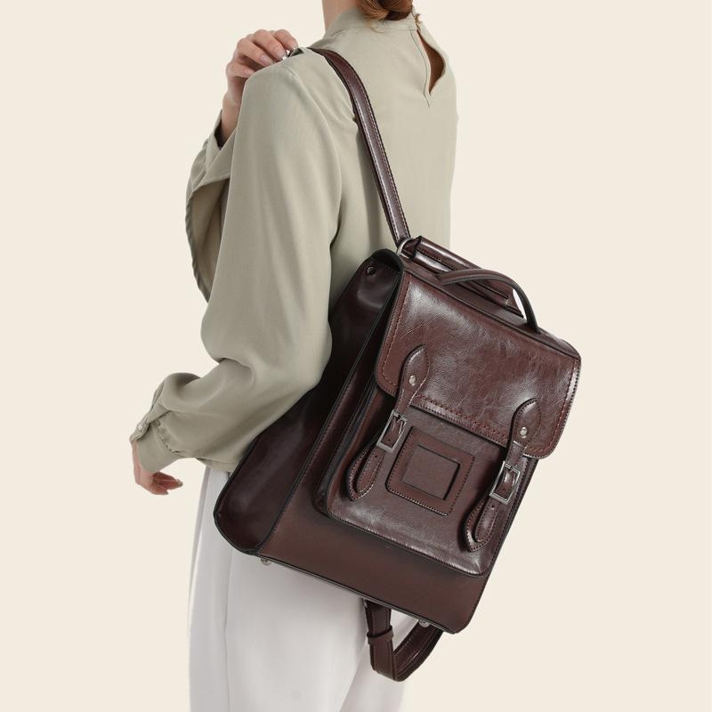 Coffee Leather Retro Preppy Style Backpack Buckle Flap School Bag