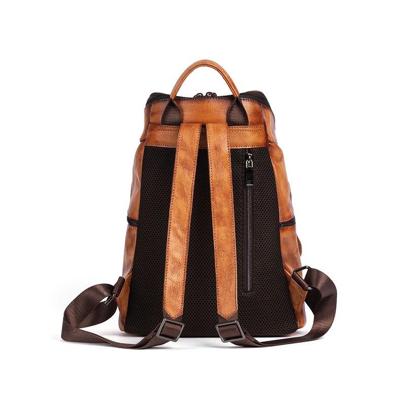 Brown Leather Vintage Backpack Spray Printed Retro Zipper School Bag