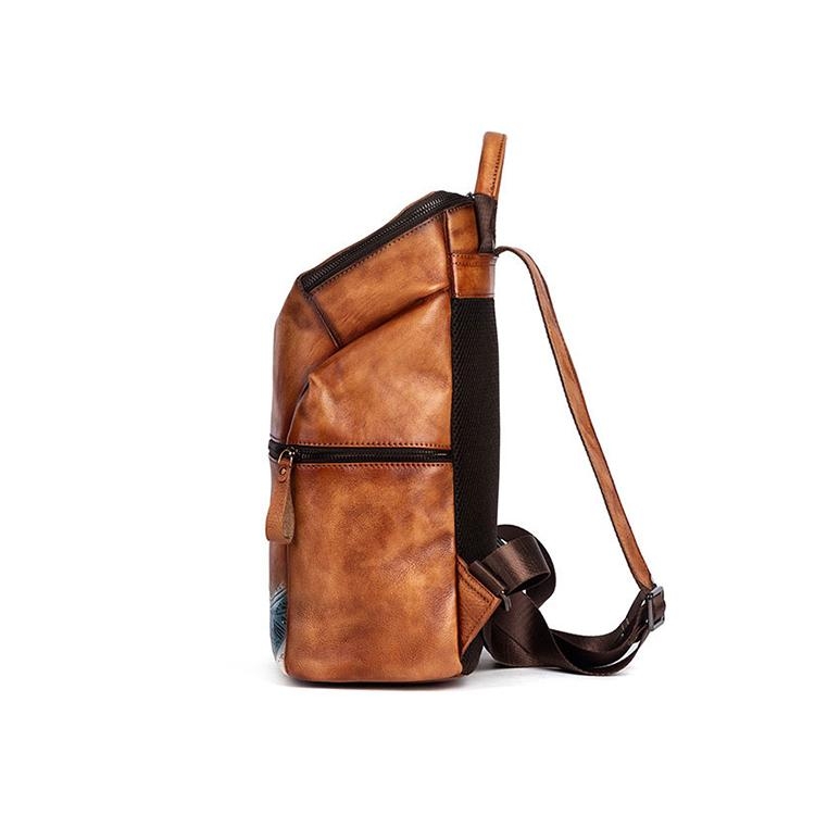 Coffee Leather Vintage Backpack Spray Printed Retro Zipper School Bag