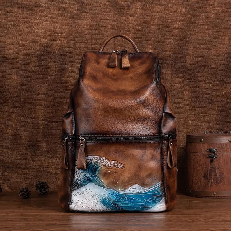 Coffee Leather Vintage Backpack Spray Printed Retro Zipper School Bag