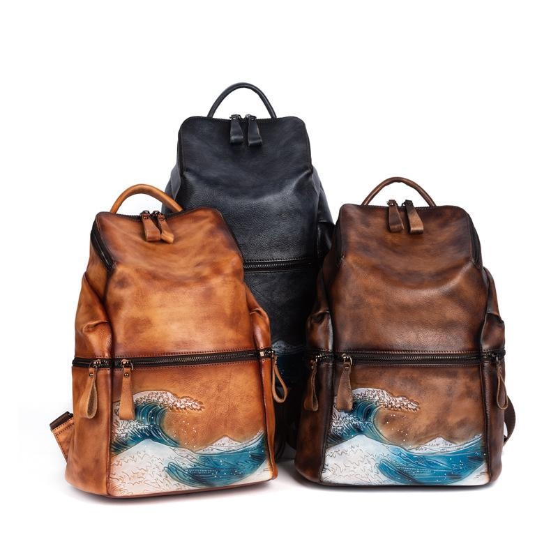 Brown Leather Vintage Backpack Spray Printed Retro Zipper School Bag
