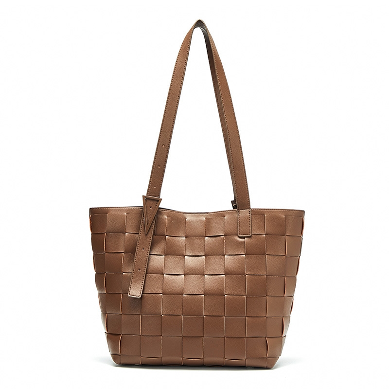 Brown Leather Woven Shoulder Bag Tote Bags For Office Ladies | Baginning