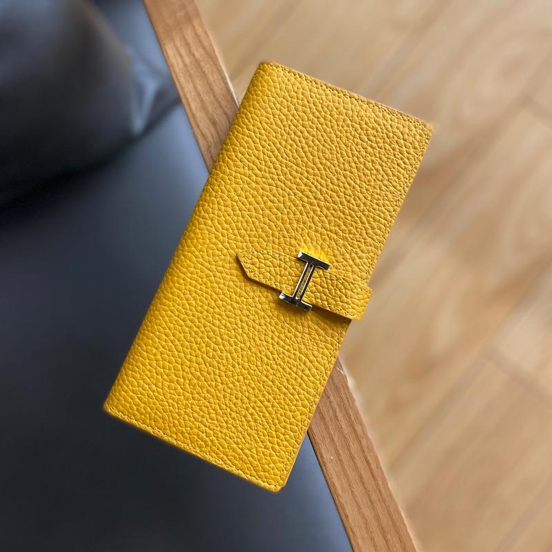 Grey Litchi Grain Long Wallet Genuine Leather Belt Wallet
