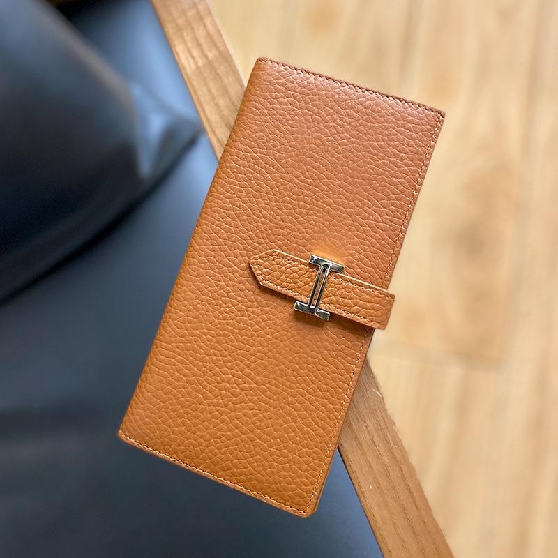 Brown Litchi Grain Long Wallet Genuine Leather Belt Wallet