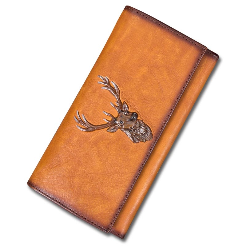 Brown Lucky Elk Leather Long Wallet