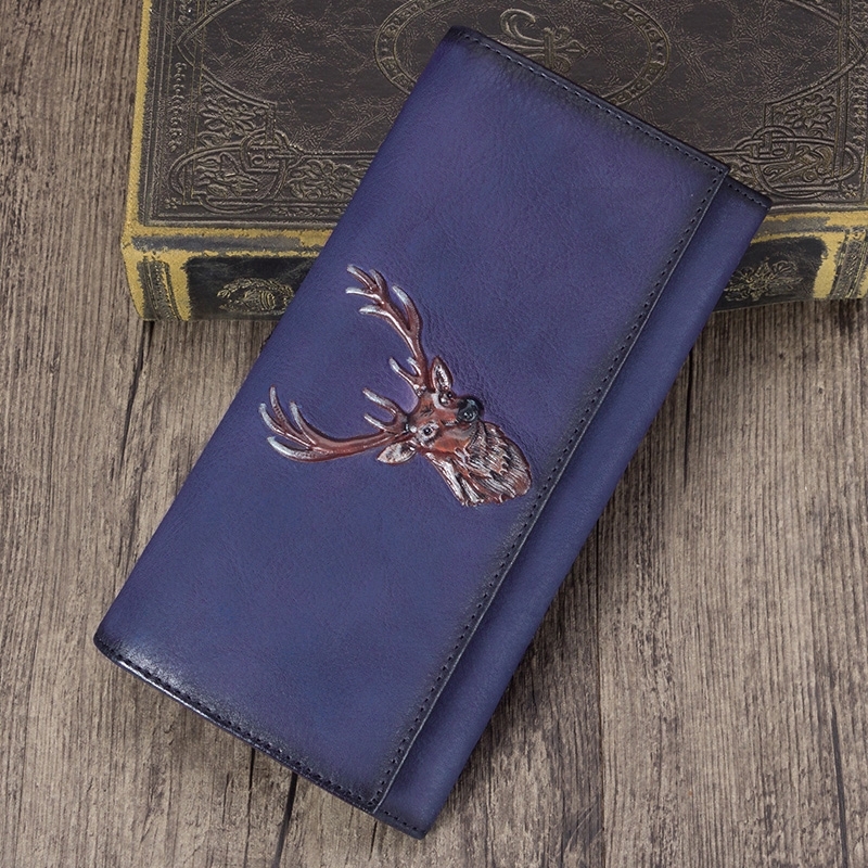 Blue Lucky Elk Leather Long Wallet