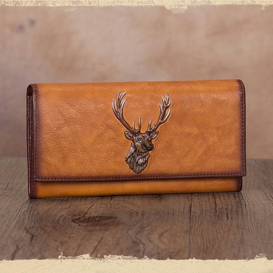 Brown Lucky Elk Leather Long Wallet