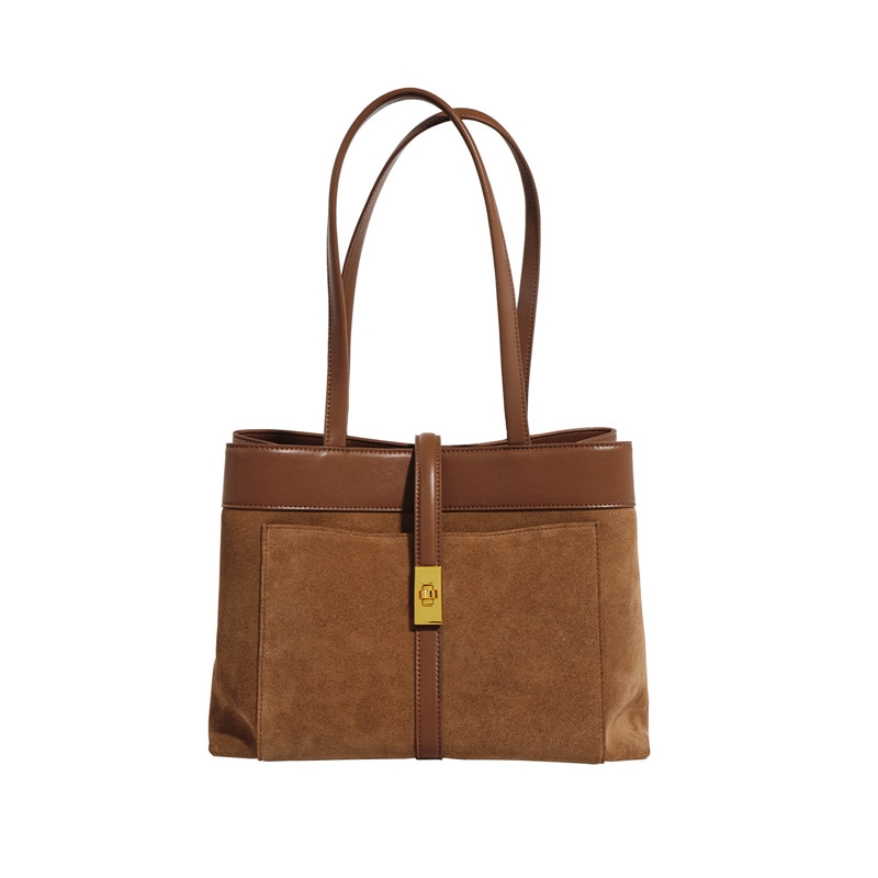 Brown Nukbuck Leather Tote Bag with Inner Pouch for Work