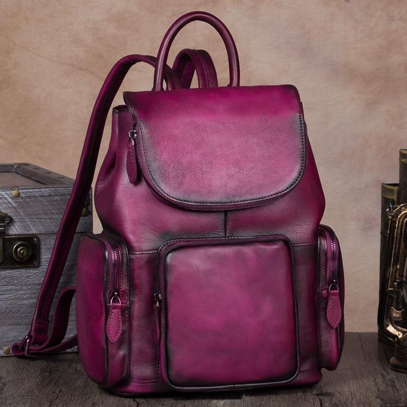 Purple Color Pocket Flap Leather Vintage Backpacks