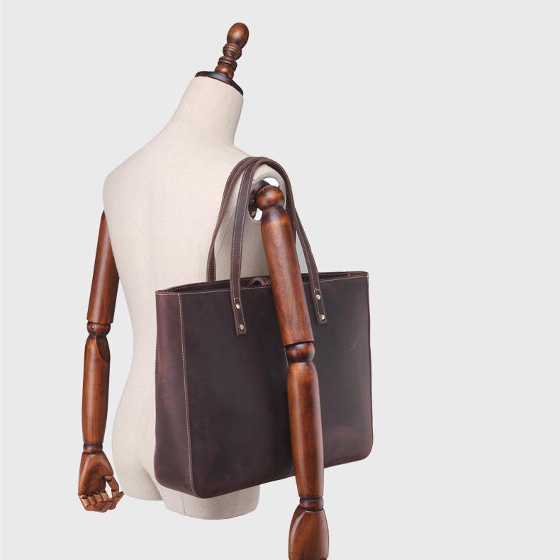 Dark Brown Retro Crazy Horse Leather Large Tote Bags