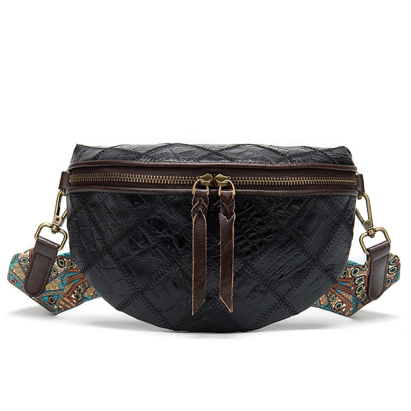Black Retro Embossed  Leather Fanny Pack Waist Bag