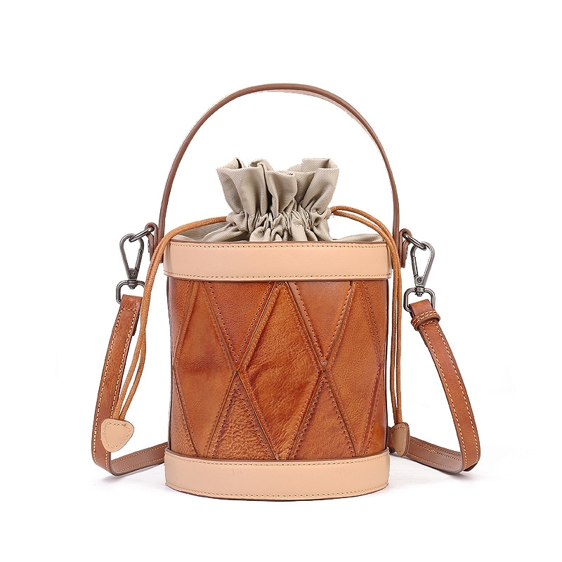 Brown Retro Leather Exquisite Detail Shoulder Bucket Handbags