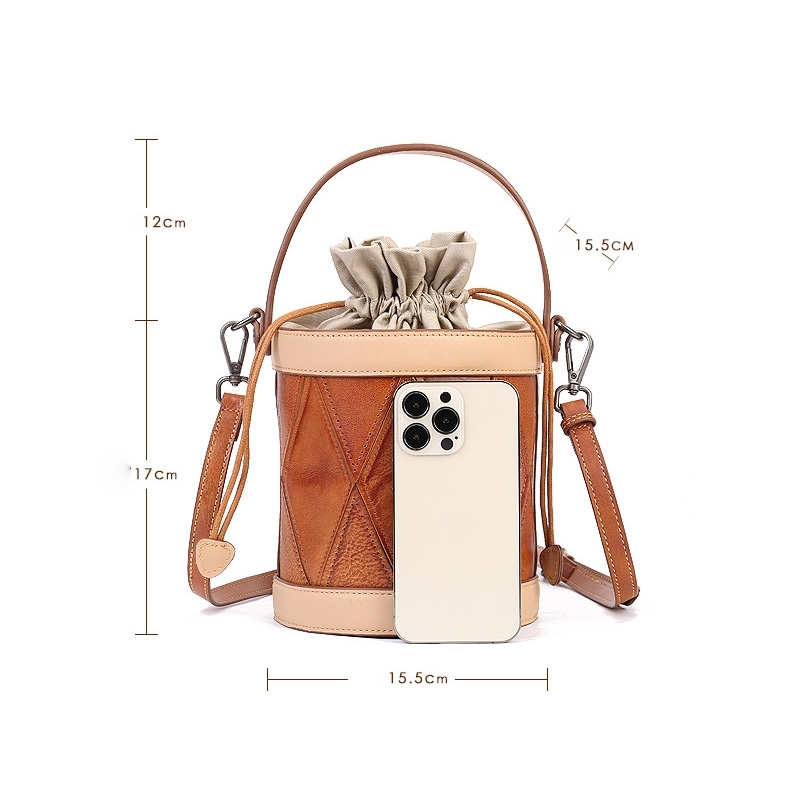 Brown Retro Leather Exquisite Detail Shoulder Bucket Handbags