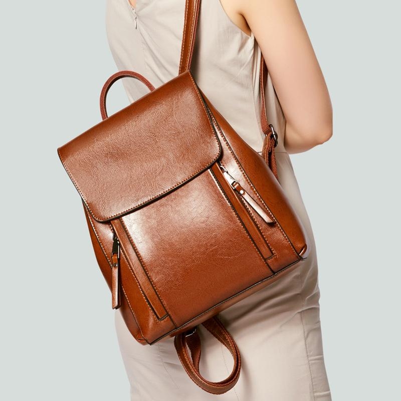Brown Retro Leather Flap Zipper Everyday Backpack