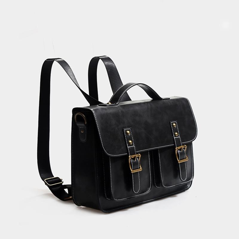 Black Retro Message Bags Pocket Convertible Backpack  With Leather Strap 