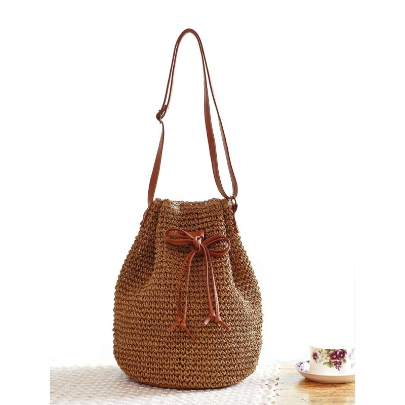 Brown Straw Bucket Bag Vintage Shoulder Summer Handbags