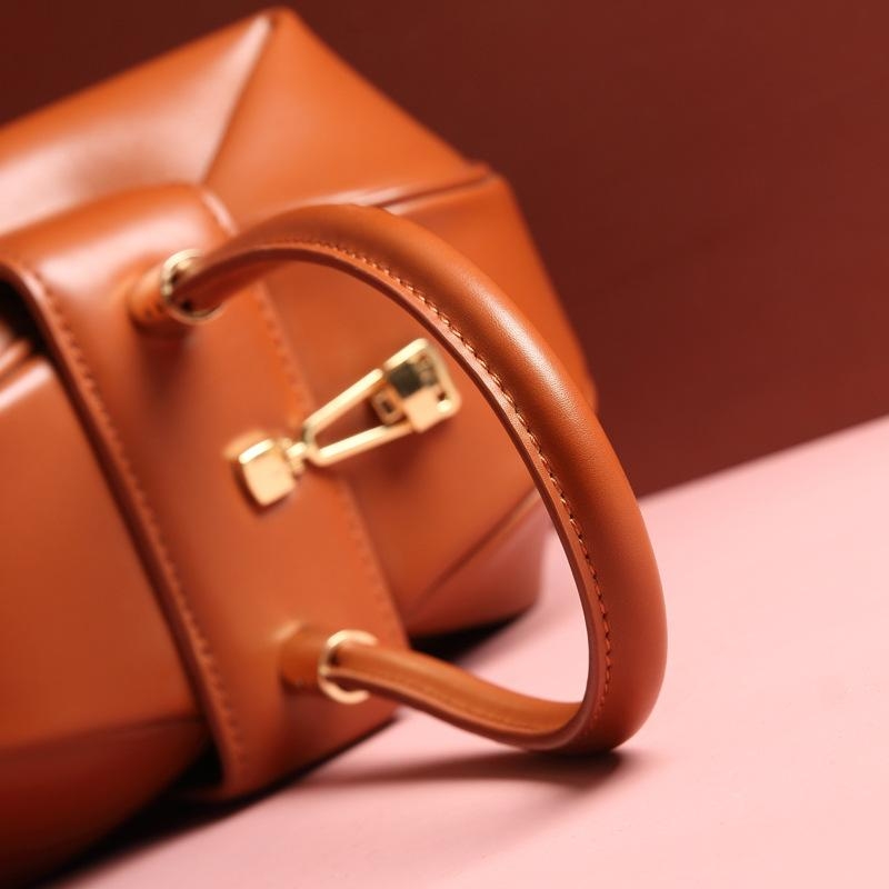 Apricot Unique Leather Handbags Cute Purse with Metal Lock