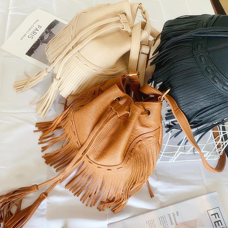Brown Vegan Leather Vintage Fringe Bag Tassels Crossbody Bucket Bags