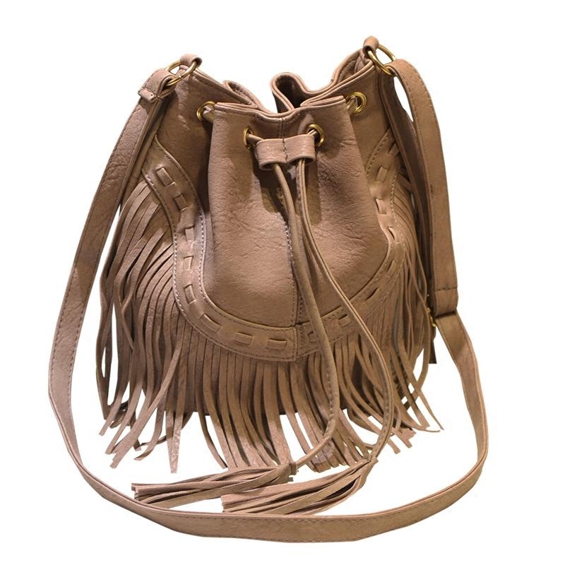 Blush Leather Vintage Fringe Bag Tassels Crossbody Bucket Bags | Baginning