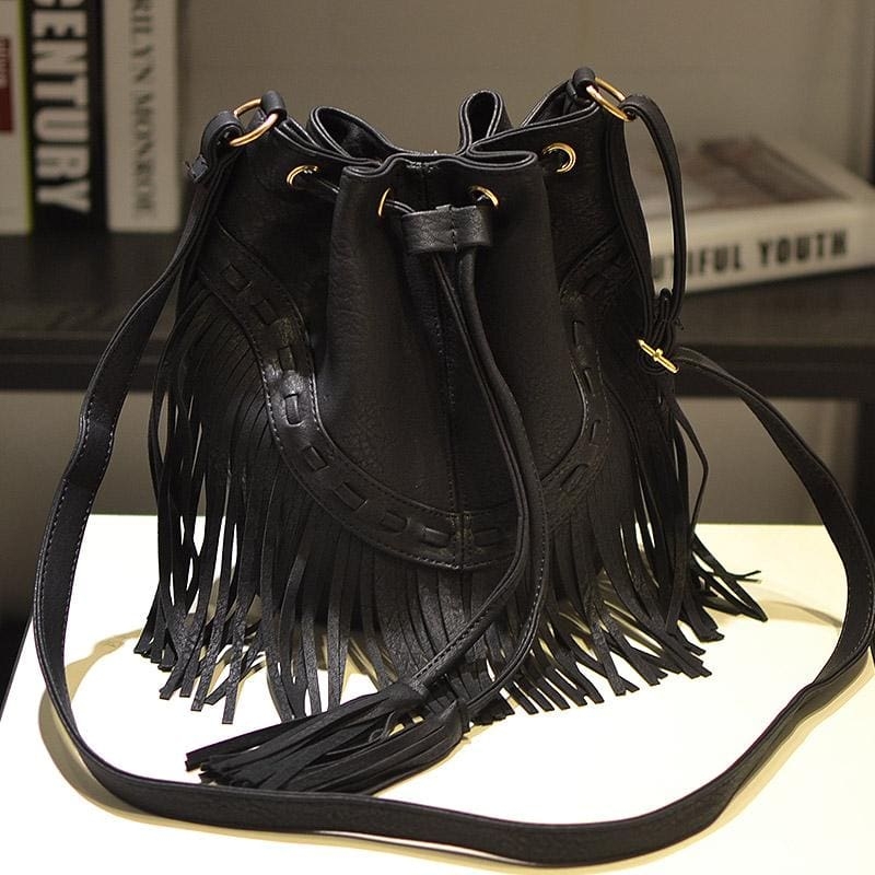 Beige Leather Vintage Fringe Bag Tassels Crossbody Bucket Bags