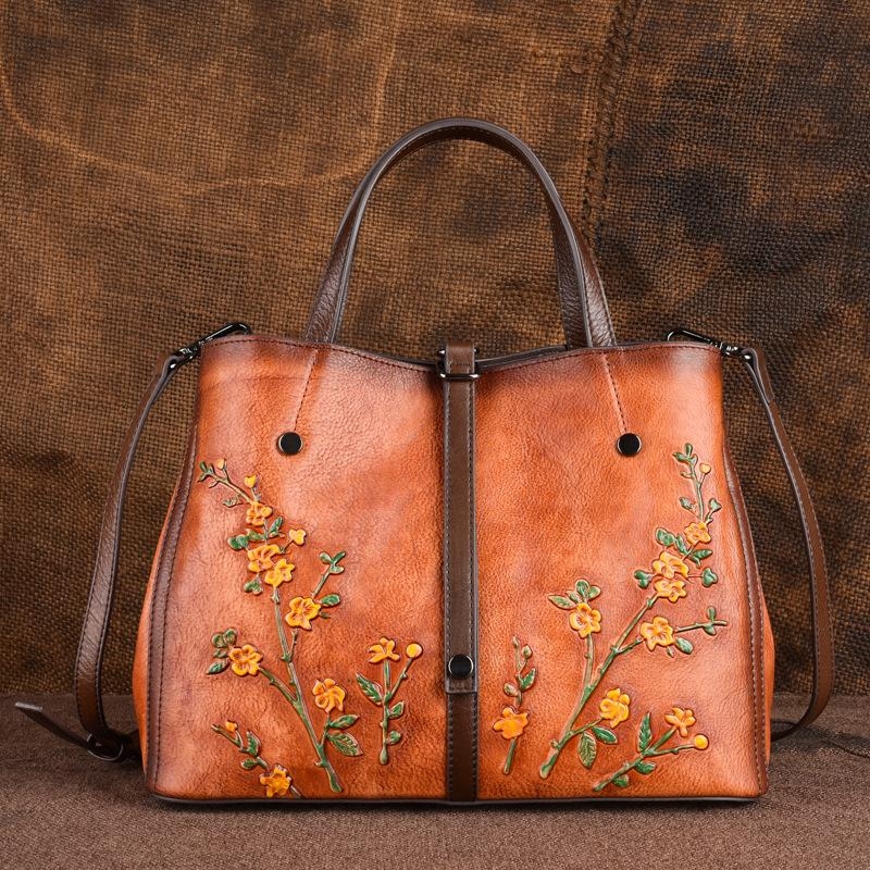Brown Vintage Flowers Leather Handbags