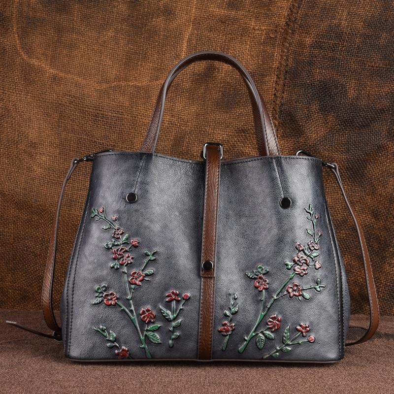 Dark Grey Vintage Flowers Leather Handbags