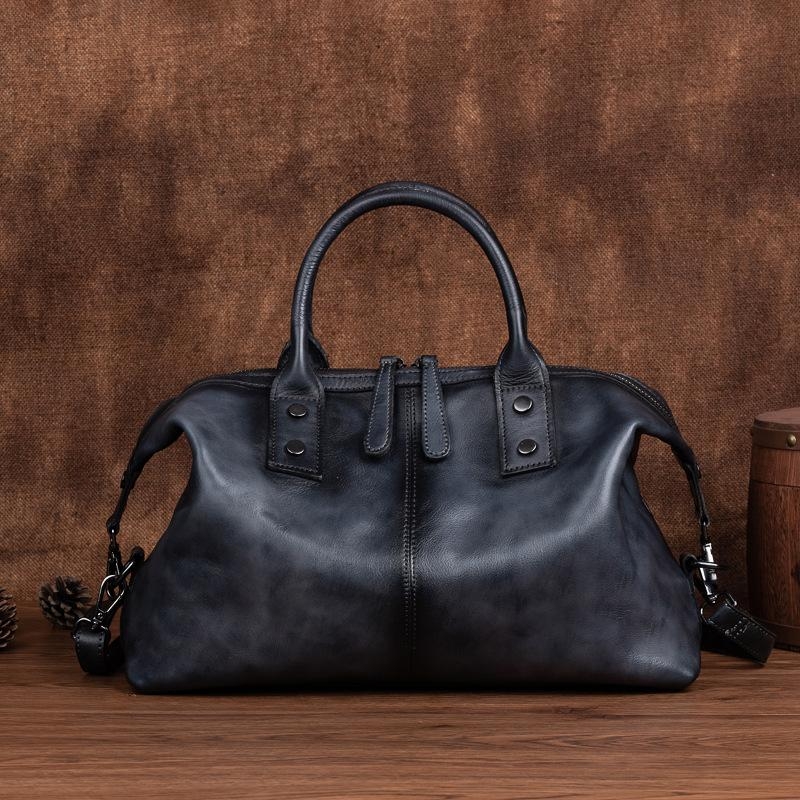Black Genuine Leather Vintage Large Handbag Travel Crossbody Purse 