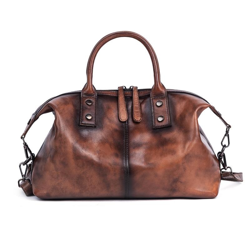 Coffee Genuine Leather Vintage Large Handbag Travel Crossbody Purse 