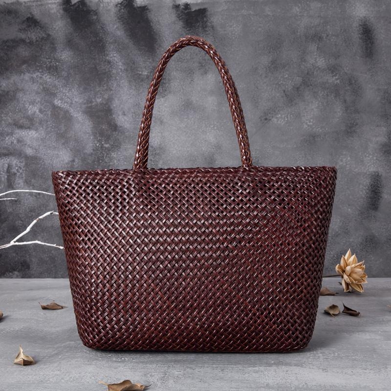 Coffee Vintage Leather Crochet Bag Woven Bag Tote