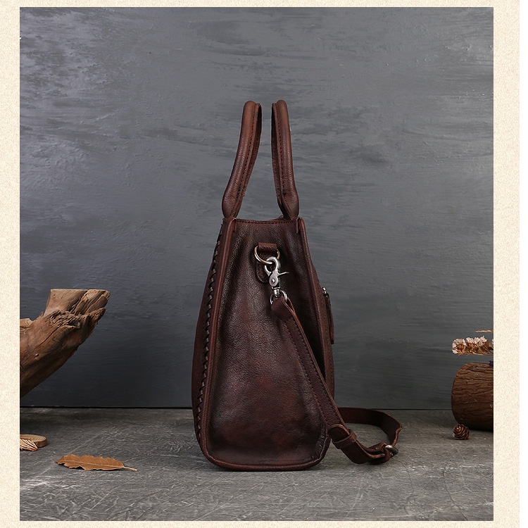 Coffee-brown Weaving Details Leather Square Shoulder Business Bag