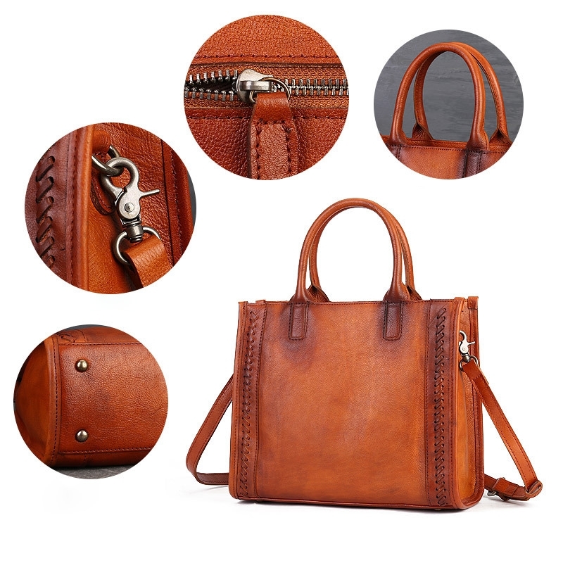 Coffee-brown Weaving Details Leather Square Shoulder Business Bag