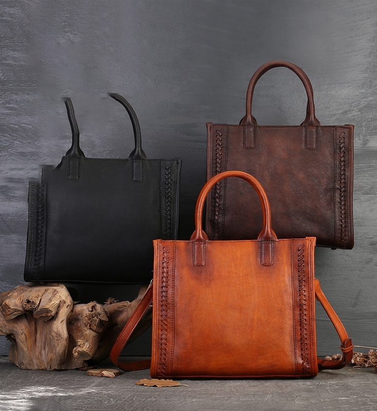 Brown Weaving Details Leather Square Shoulder Business Bag