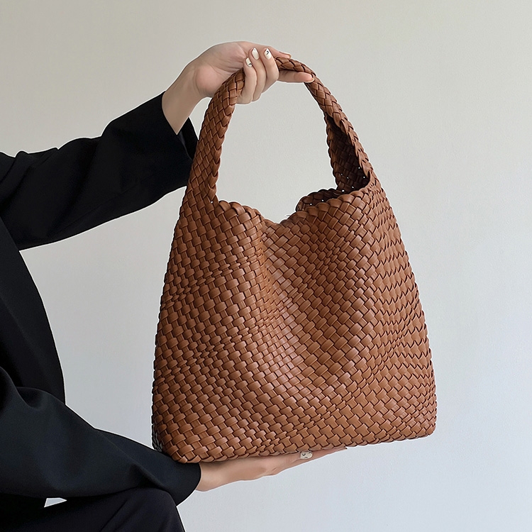 Brown Woven Vegan Leather Basket Bag Handbag With Purse Insert