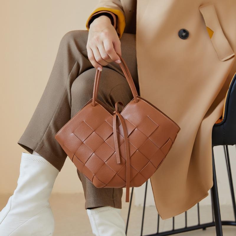 Brown Woven Leather Heart Shape Crossbody Bag Top Handle Handbag