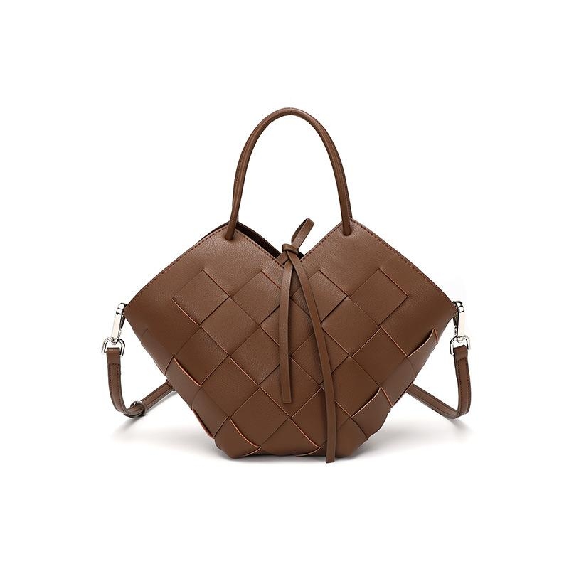 Brown Woven Leather Heart Shape Crossbody Bag Top Handle Handbag