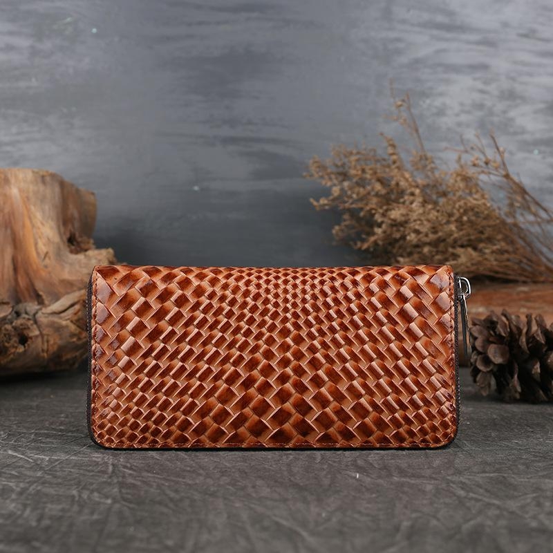 Brown Woven Leather Long Wallet