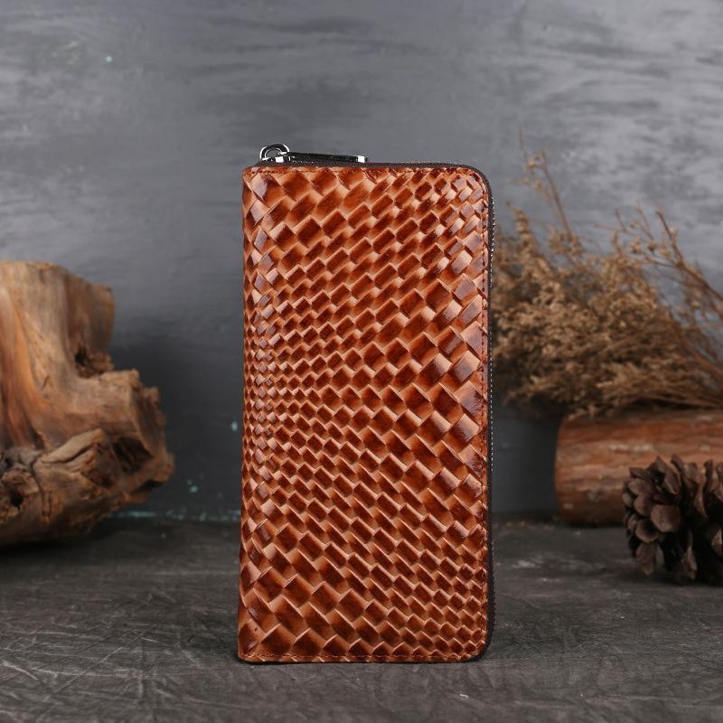 Brown Woven Leather Long Wallet