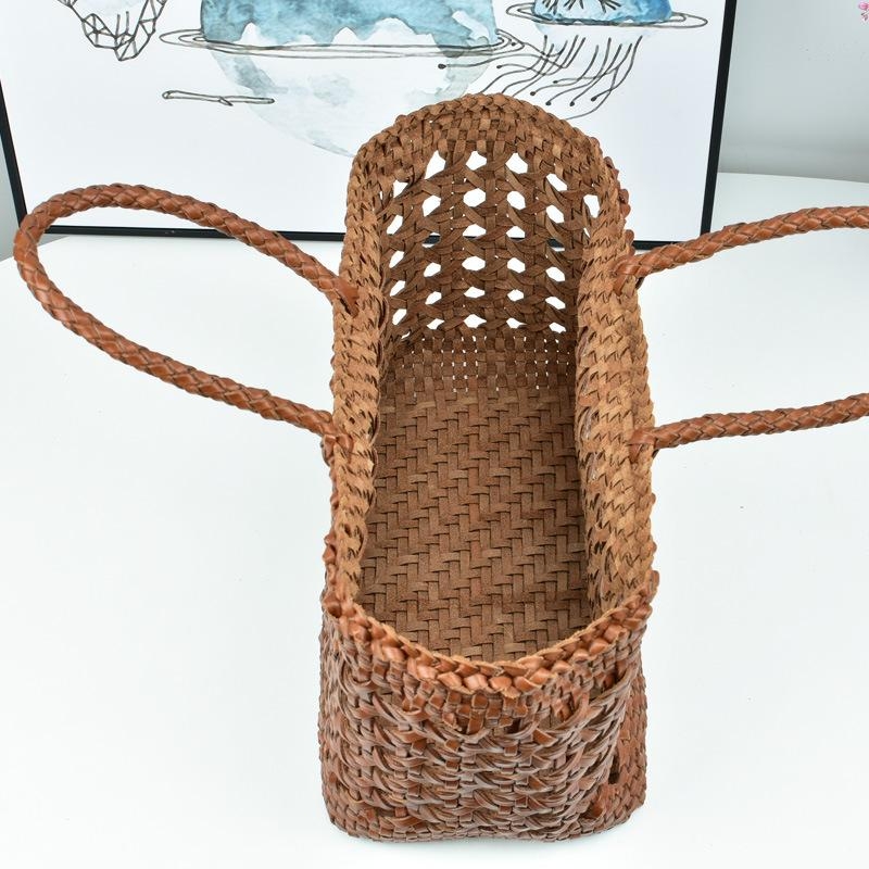 Brown Woven Leather Tote Bag Hollow-out Basket Handbags