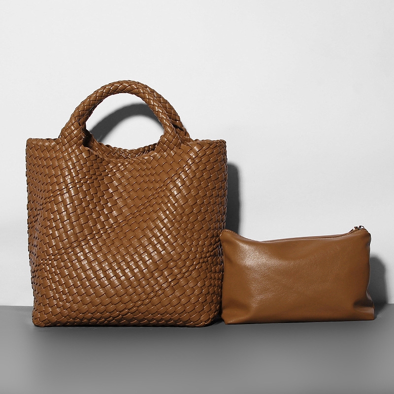 Brown Woven Vegan Leather Shopper Bag Large Handbag Soft Purse for Work