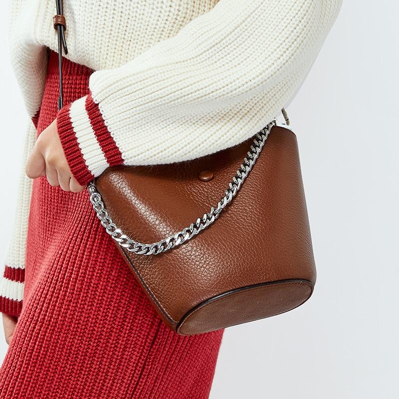 Brown Chain Leather Bucket Bags Crossbody Purses