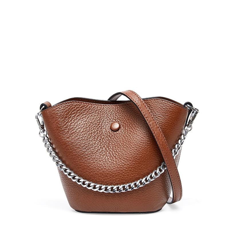 Brown Chain Leather Bucket Bags Crossbody Purses