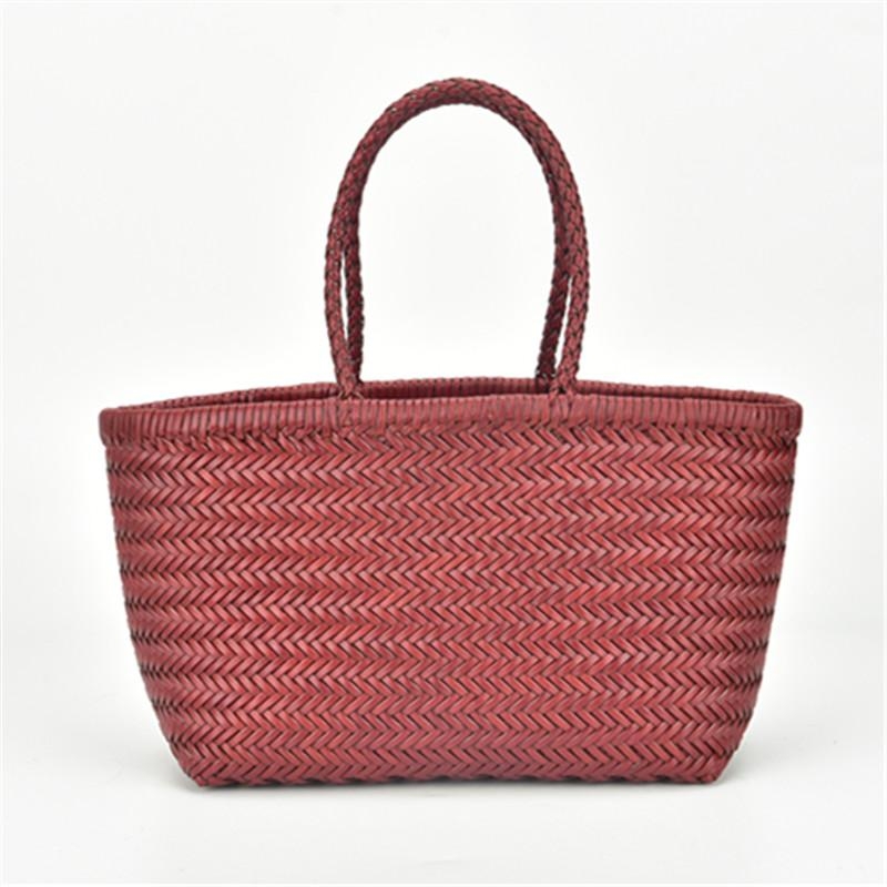 Burgundy Cow Leather Woven Tote Handbags